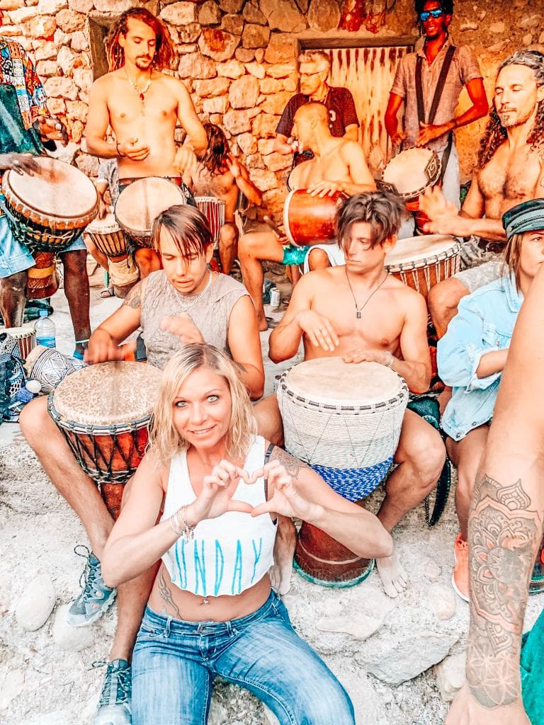 Benirras beach in Ibiza with drummers